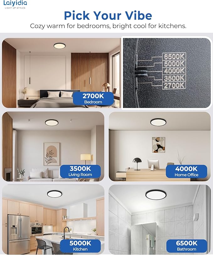 12-inch Round LED Flush Mount Light (2 Pack) - 24W 2640LM Dimmable, 5 CCT Selectable, Easy DIY Install Ceiling Panel Fixtures for Bedroom, Kitchen, Hallway, Apartment, Laundry, Matte Black