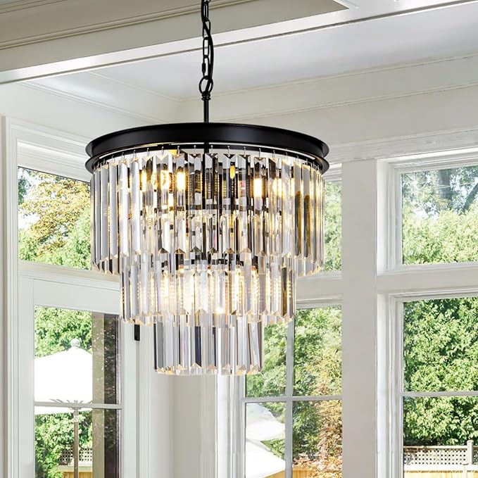 Crystal Chandelier 15.8" Modern K9 Crystal Hanging Pendant Lights 6-Lights Black 3-Tier Luxury Crystal Dining Room Light Fixture for Living Room Bedroom Kitchen Island Entryway Foyer Stair