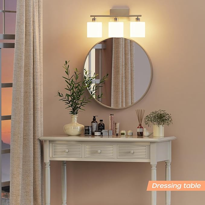 PARTPHONER Bathroom Light Fixtures, Bathroom Lighting Fixtures Over Mirror, Classic Vanity Lights, Modern Vanity Light with Textured Frosted Opal White Glass Shades, Brushed Nickel, 3-Light
