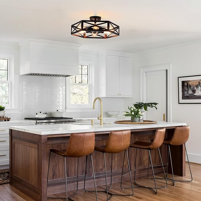 19.6" Black Rustic Kitchen Lighting Fixtures Ceiling, Farmhouse Foyer Lighting Fixtures, Large Black Semi Flush Mount Ceiling Light Fixture, Industrial Rustic Light Fixtures for Hallway Living Room