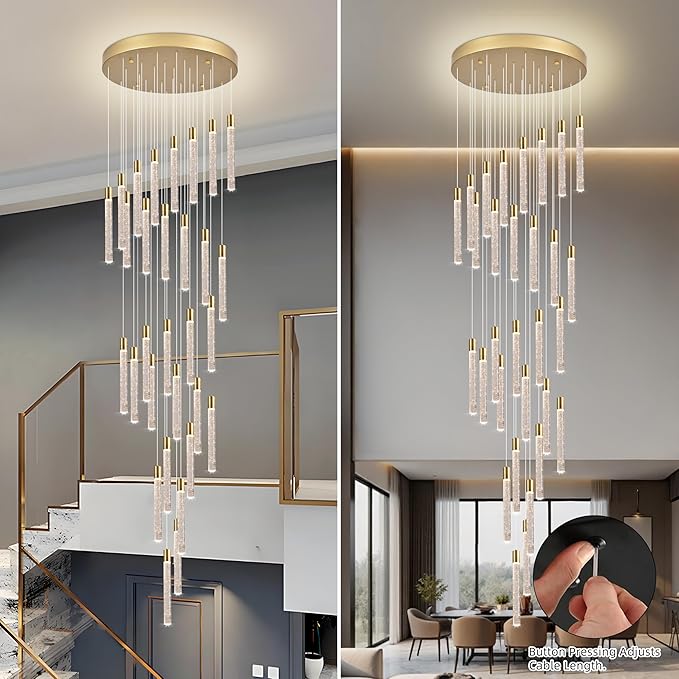 30-Light Gold High Ceiling Chandeliers Modern Crystal Chandeliers for Entryway Long Spiral LED Dimmable Chandelier Flush Mount Ceiling Staircase Foyer Living Room Ceilings Light Fixture