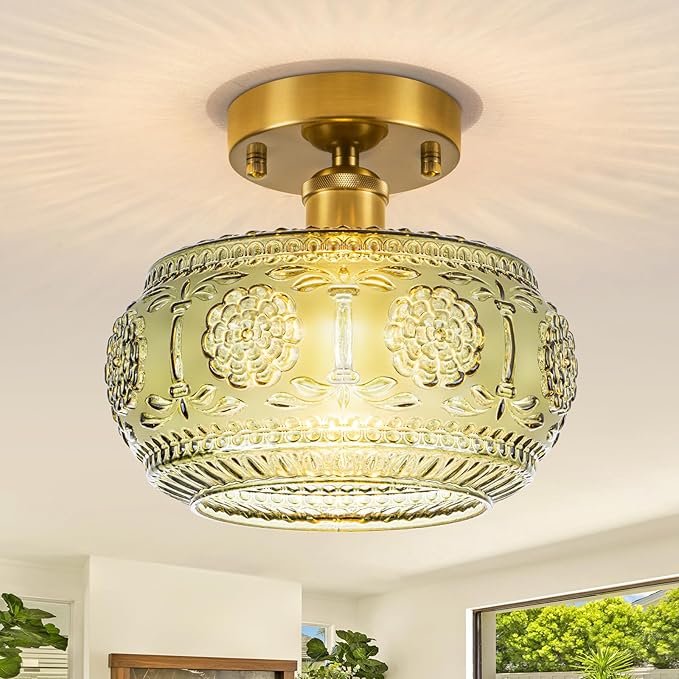 Semi Flush Mount Ceiling Light Fixture - Brass & Gold Floral Design, Green Glass Shade, Vintage Modern Lighting for Kitchen, Bathroom, Entryway (Bulb Not Included)