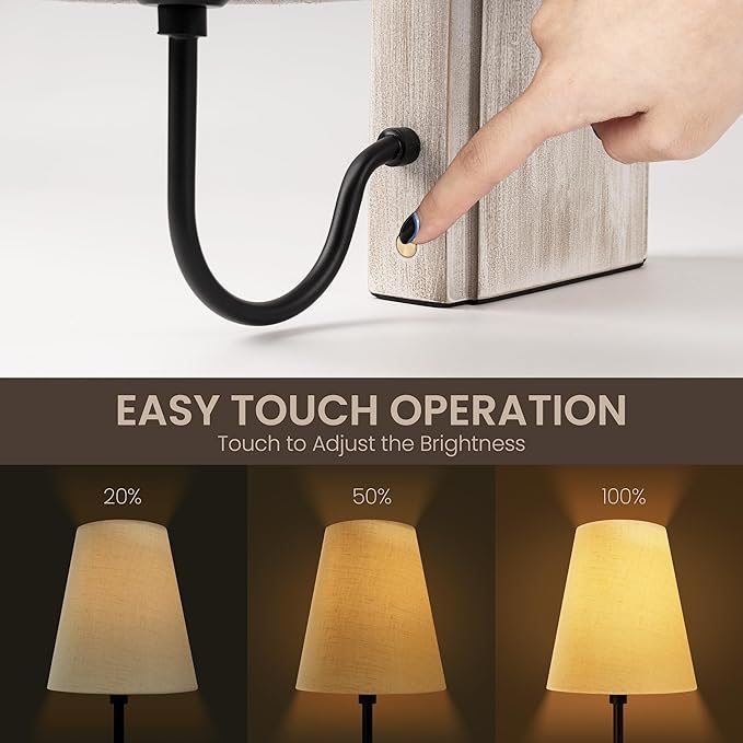 AELS Wooden Bookshelf Lamp with Bulb, Cordless Touch Dimmable Table Lamp with Linen Fabric Shade, Battery Operated, Modern Farmhouse Decorative Bookend, Book Sconce for Office Home Bedroom, White