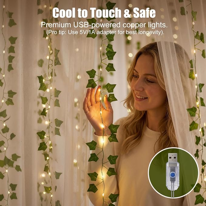 Bexdir 200 LED Curtain Vine Lights for Bedroom Decoration, 6.6x6.6ft Pre-Assembled Hanging Fake Vines with Fairy Lights USB Powered, Aesthetic Artificial Ivy Lights for Room Wall Decor