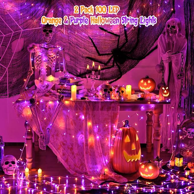 JMEXSUSS 2 Pack 100 LED Orange and Purple Halloween Lights, 33ft Connectable Halloween String Lights Outdoor Waterproof, 8 Modes Christmas Light for Indoor Christmas Tree Party Decorations