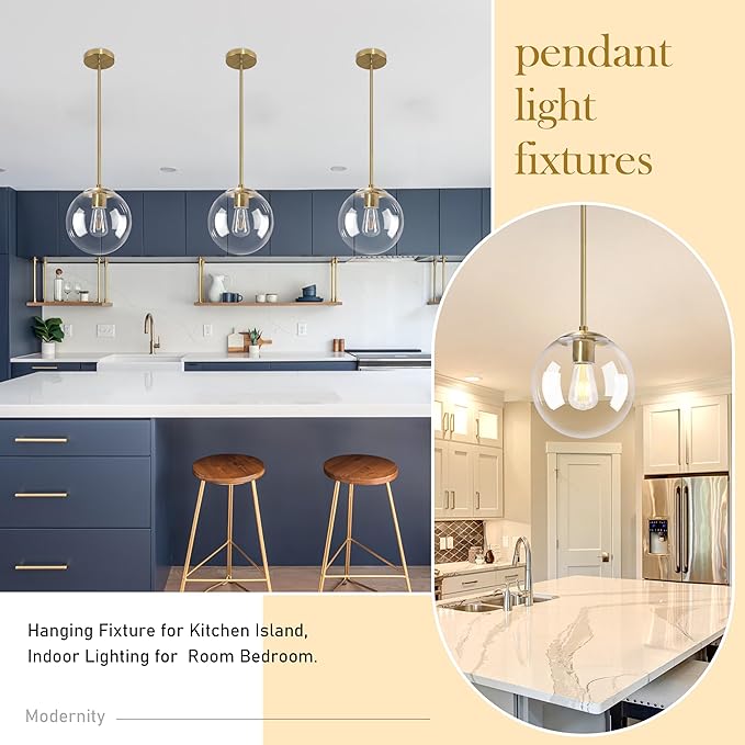 Bagood 10 Inch Globe Pendant Light Gold Mid Century Pendant Light Adjustable Hanging Light Fixture Globe Pendant Lights Kitchen Island Clear Glass with Brass Finish for Dining Room