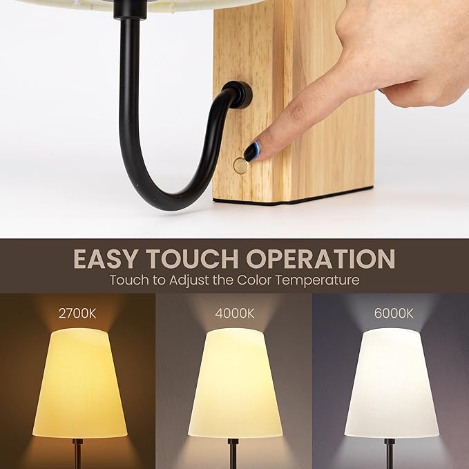AELS Wooden Bookshelf Lamp with Bulb, Table Lamp with Linen Shade, 3-Color Dimmable Touch Control, Modern Decorative Bookend, Book Sconce for Office Home Bedroom Bookshelf, Natural