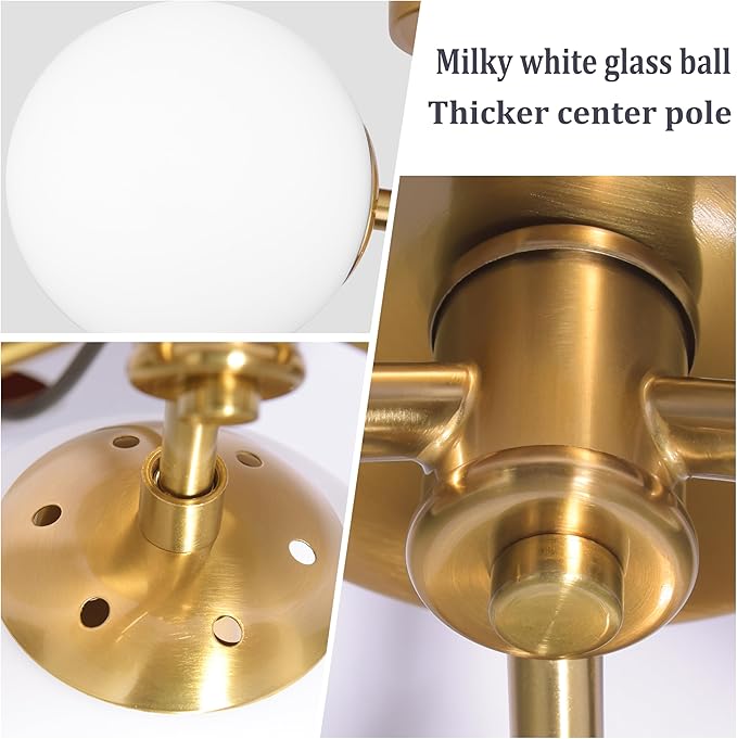 3 Light Mid Century Modern Gold Globe semi Flush Mount Ceiling Brass Chandelier 3-Light Milk Glass Globe Lights Sputnik Ceiling Light Fixture for Bedroom Living Room Hallway