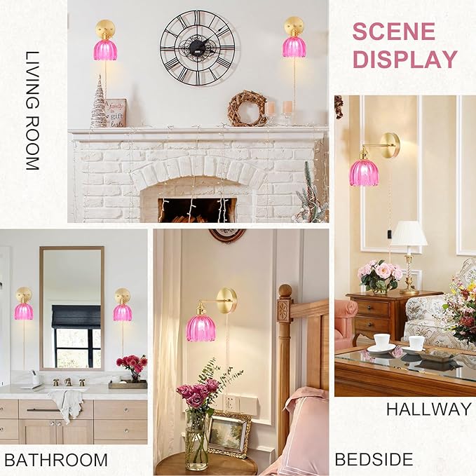 Plug in Wall Sconces Set of 2, Vintage Wall Sconce Light with Tulip Ruby Red Glass Lampshade, Bedroom Wall Sconce with Switch and Plug in wall lamp Cord, Gold Wall Light Wall Decor Set of 2
