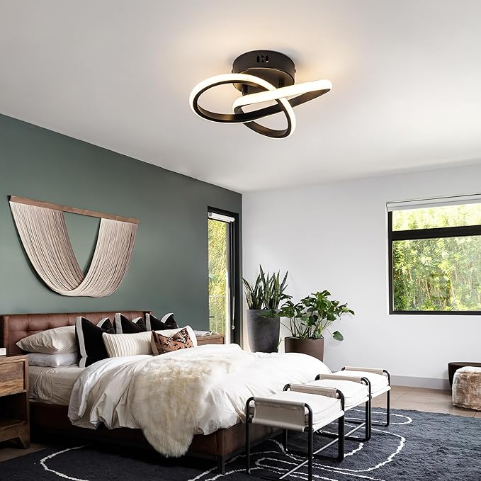 10 Inch Modern Ceiling Light, 24W LED Dimmable Ceiling Light with Remote Control, 3000-6000K Color Temperature Adjustable, Black Small Chandelier for Bedroom, Entryway, Hallway, Kitchen