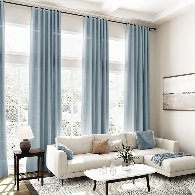 Nanspring Light Blue Linen Curtains 108 Inches Long for Living Room Bedroom 2 Panels Set Extra Long Back Tab Curtain Light Filtering Sheer Drapes Floor to Ceiling Curtain for Large Windows 52x108.