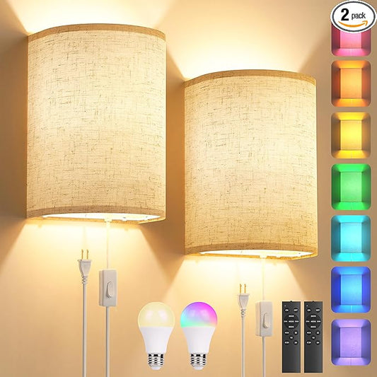 Plug in Wall Sconces Set of Two: Wall Lights with 7 RGB Colors - 3 Color Temperature Wall Mount Lamps with Remote - Fabric Linen Wall Sconc for Bedroom Living Room & Hallway- Indoor Corded Wall Sconce