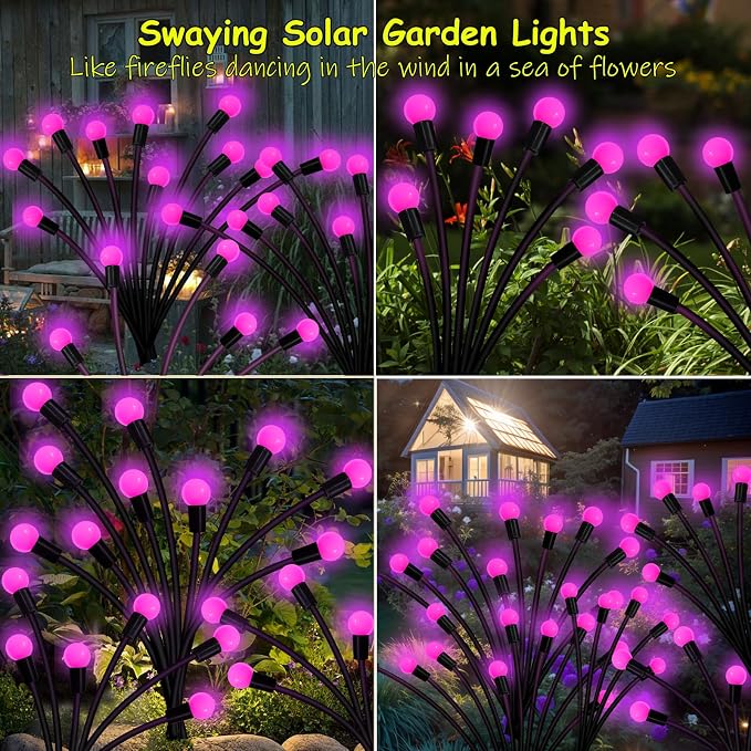 Kohlrabi Solar Garden Lights Outdoor, 2 Pack 16 LED Solar Pink Firefly Lights Waterproof, Sway by Wind, Swaying Light for Yard Patio Backyard Garden Planter Flower Bed Pathway Outdoor Decoration