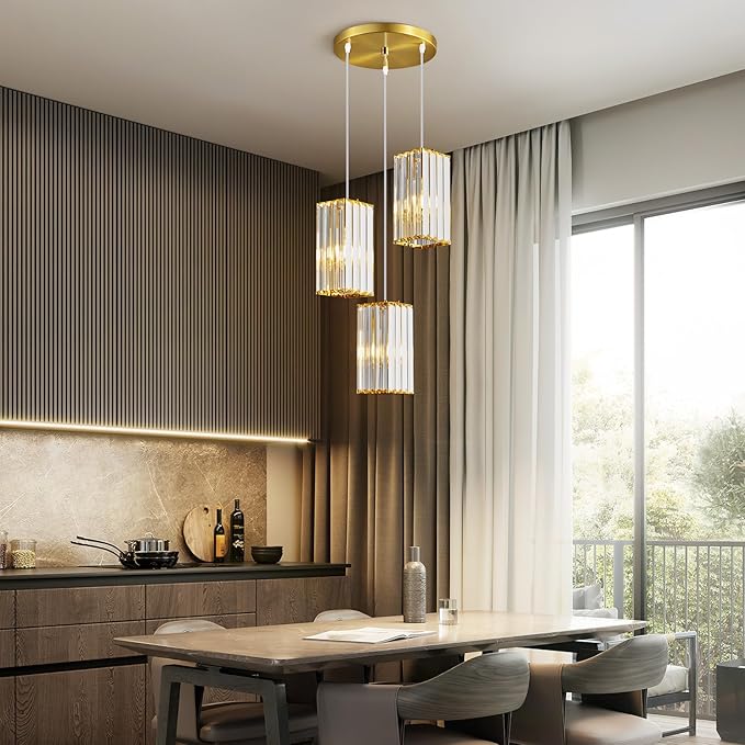 Pendant Lights Modern Pendant Light Gold Rectangle Mini Crystal Chandeliers Adjustable Pendant Light Fixture for Kitchen Island Bedroom Dinning Room Living Room (Gold-3Light