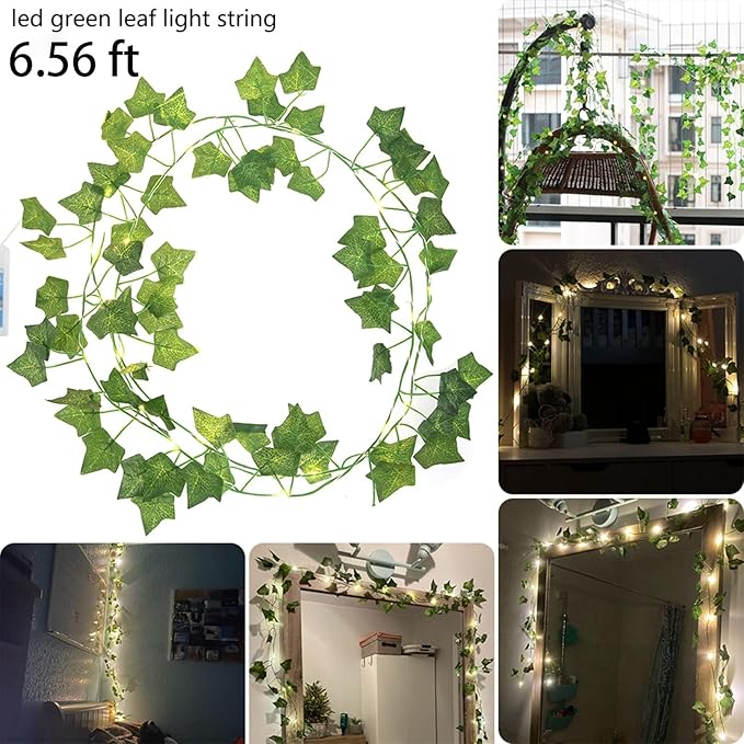 Vine with Fairy Lights, 2 Pack 40LEDs Vine Lights Green Ivy Vines String Lights Battery Operated, Artifical Garland Leaf with Fairy Light for Bedroom Dorm Wall Decor