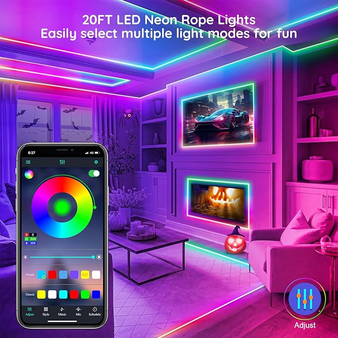 FBZ 200Ft Led Rope Lights, Flexible Neon Lights Control with App/Remote, Multiple Modes, IP65 Outdoor RGB Waterproof, Music Sync Gaming Light Strip for Bedroom Decor (32.8FT)