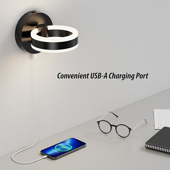 LED Wall Sconces with ON/Off Switch, Matte Black Rotatable Hardwired Wall Light Fixtures, Built in USB Charging Port, Modern Wall Decor for Bed Lighting.