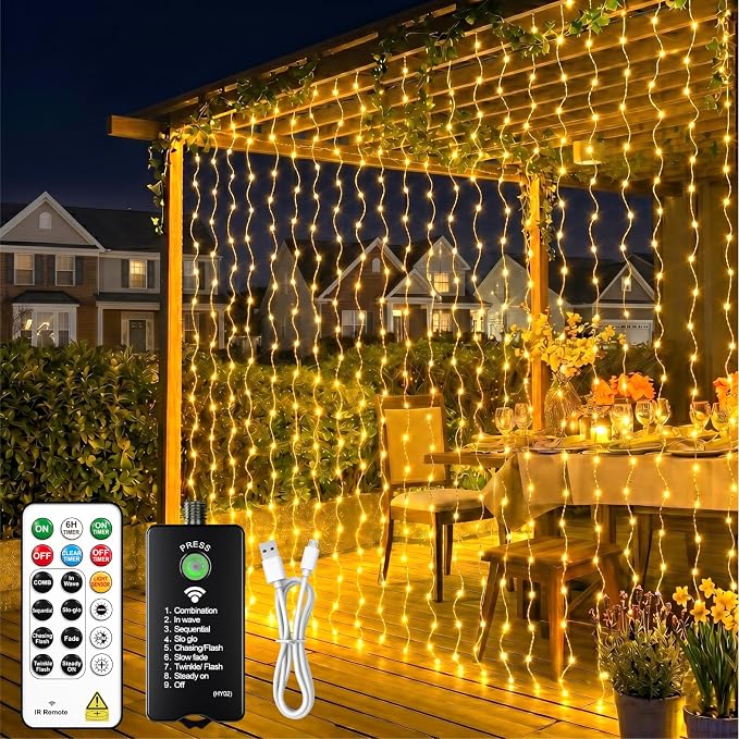 HXWEIYE Rechargeable 300LED Curtain Lights Battery Powered, 9.8x9.8Ft Outdoor Fairy String Lights with Remote & DIY Timer, 8 Modes Twinkle Light Waterproof for Indoor Backdrops Wedding, Warm White