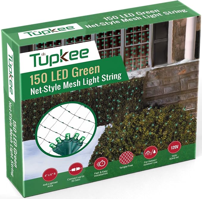 Christmas Light Net – 150 LED Green Mesh Lights - 4 ft x 6 ft – Outdoor/Indoor – Net Lights for Bushes, Hedges or Trees