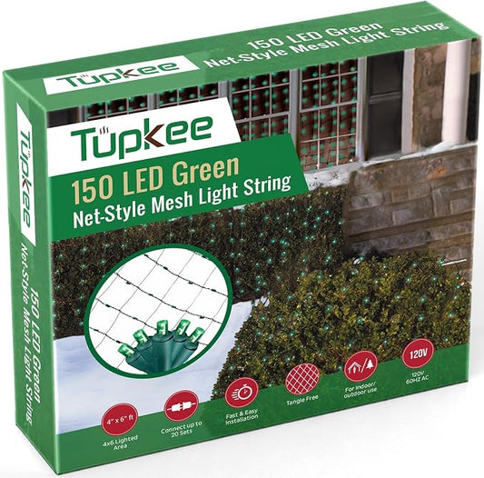 Christmas Light Net – 150 LED Green Mesh Lights - 4 ft x 6 ft – Outdoor/Indoor – Net Lights for Bushes, Hedges or Trees