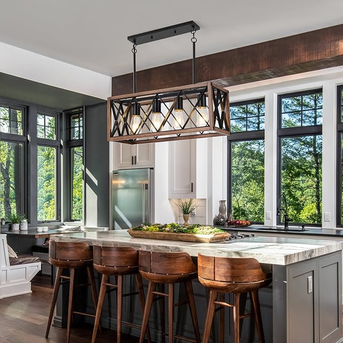 KEESFU 4-Light Farmhouse Linear Chandelier for Dining Room,Adjustable Rustic Pendant Light with Wood Grain Finish for Kitchen Island & Dining Table,Farmhouse Kitchen Lighting fixtures Ceiling.