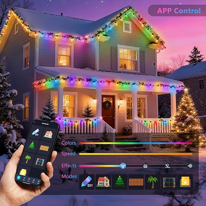 iBaycon Smart C9 Christmas Lights, 100 LED 65FT Bluetooth Outdoor Light String, APP Remote Controlled, Music Sync Color Changing RGB Connectable Christmas Lights for Tree House Eaves Roof Decorations