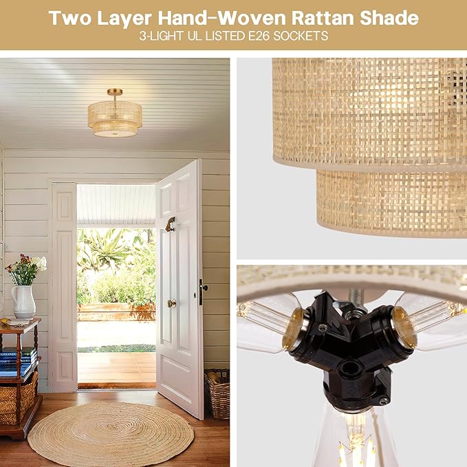 16'' Semi Flush Mount Ceiling Light Fixture, Boho Rattan Ceiling Light with 2-Tier Drum Shade, 3-Light Gold Metal Frame, Farmhouse Chandelier, Bedroom Living Room Nursery