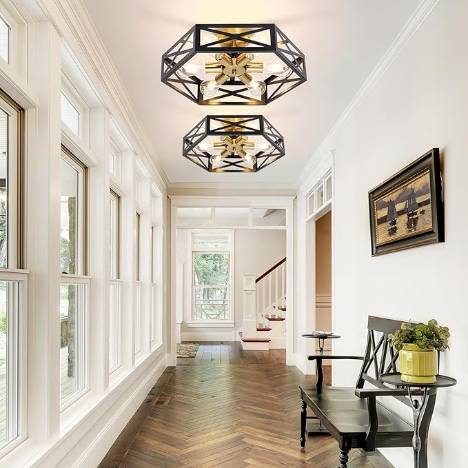 6-Light Semi Flush Mount Ceiling Light, Large Black and Gold Fixtures Ceiling Mount with Hexagon Cage, Metal Industrial Close to Ceiling Light for Hallway, Kitchen, Bedroom (19.68''L)