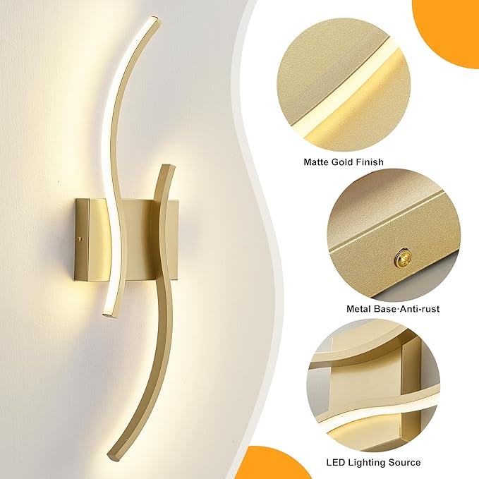 KARTOOSH 1 Pack Gold Light Fixture Hardwired Bathroom Vanity Lights Fixtures Over Mirror 23.6 Inch 3CCT Dimmable Modern Wall Lights for Mirror Kitchen Living Room Cabinet Porch Hallway