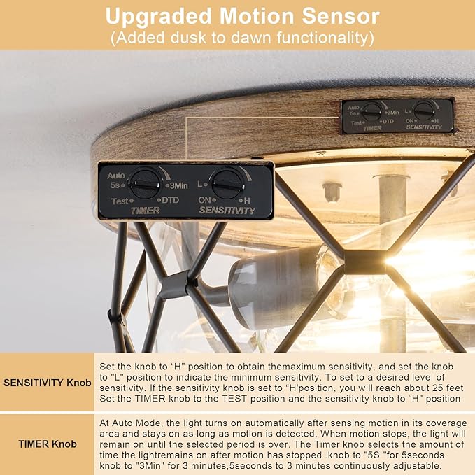 Motion Sensor Outdoor Flush Mount Ceiling Light, Industrial Glass Rustic Wood-Like Finish 2-Light Ceiling Lamp for Porch, Entryway, Garage, Timer and Sensitivity Adjustable (Wood-Like-Round)