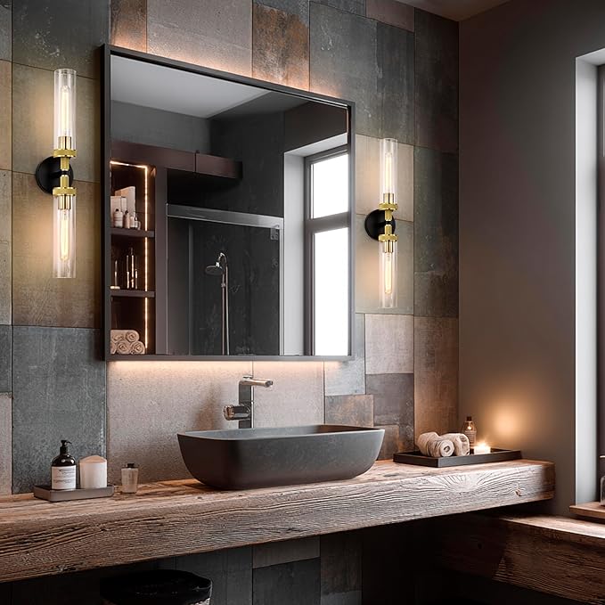 LaLuLa 2-Pack Black and Gold Bathroom Vanity Light Fixtures – Modern 2-Light Wall Sconces with Knurled Texture and Clear Glass Shades, Bathroom Lighting Fixtures Over Mirror, 25 Inch