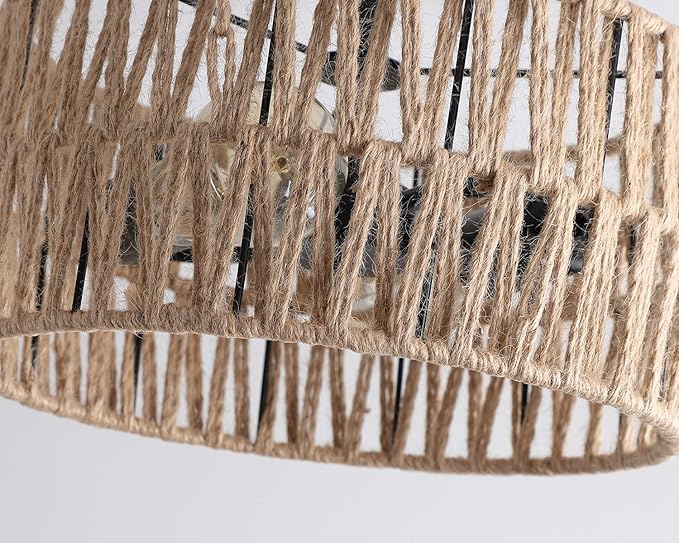 2-Light Coastal Woven Flush Mount Light Fixture Rustic Industrial Hemp Rope Semi Flush Mount Ceiling Light for Hallway Bedroom Kitchen Entryway Farmhouse, Black