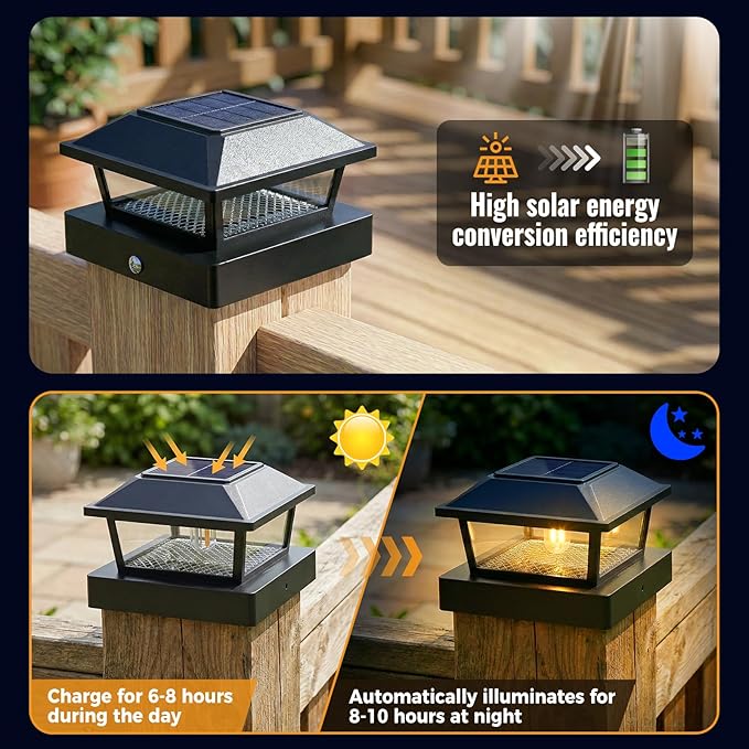 btfarm 4x4 Solar Post Cap Lights, 4 Pack Fence Deck Post Lights Outdoor Solar Powered Waterproof with Edison LED Bulb, Fits 4x4, 3.5x3.5 Wooden & Vinyl Posts for Porch Patio Yard(Warm White, Black)
