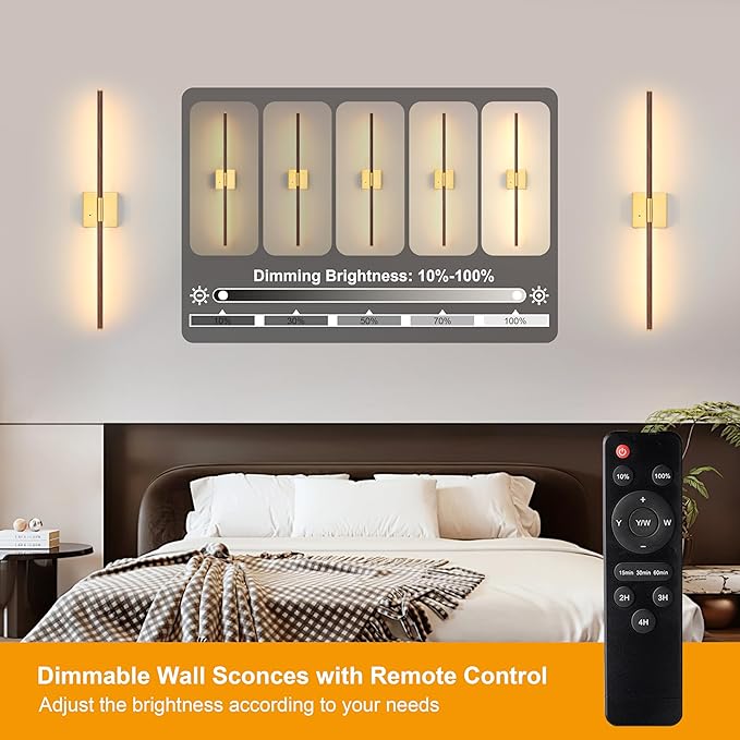 Morauroral Walnut Battery Operated Wall Sconce with Remote Control, Rechargeable Wall Sconces Set of 2, LED Wireless Wall Light, 24″ Modern Sconce Wall Decor for Background Wall, Bedroom, Living Room