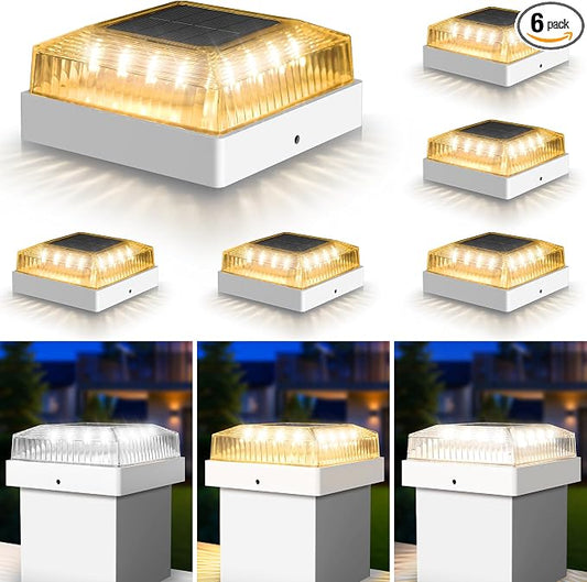 Solar Post Cap Lights, 6-Pack Fence Post Solar Lights for 4x4 Wood/Vinyl Posts, IP65 Waterproof, 10-12 Hours of Illumination with 3 Lighting Modes for Garden/Patio/Porch - White