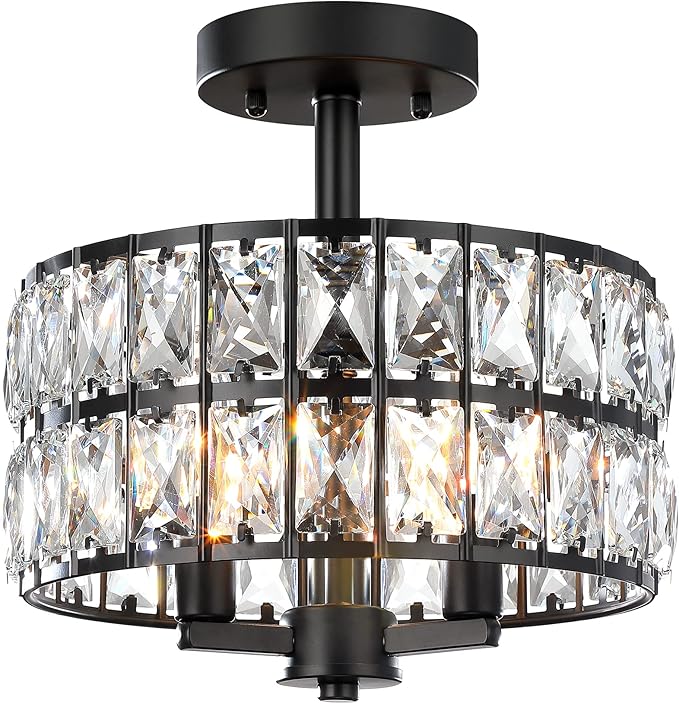 CALDION 11" Crystal Ceiling Light Fixture, 3-Light Semi Flush Mount Ceiling Lights, Modern Chandelier with Black Metal Finish for Bathroom, Dinning Room, Hallway, Bedroom, 6869SM-BK-3