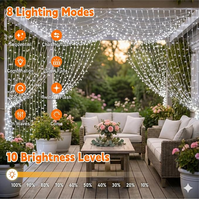 Curtain Light for Bedroom, 200LED 6.6x6.6ft White Window Wall Hanging Fairy Curtain String Light, 8 Modes Remote Fairy String Lights Indoor for Wedding Party Home Garden Decorations