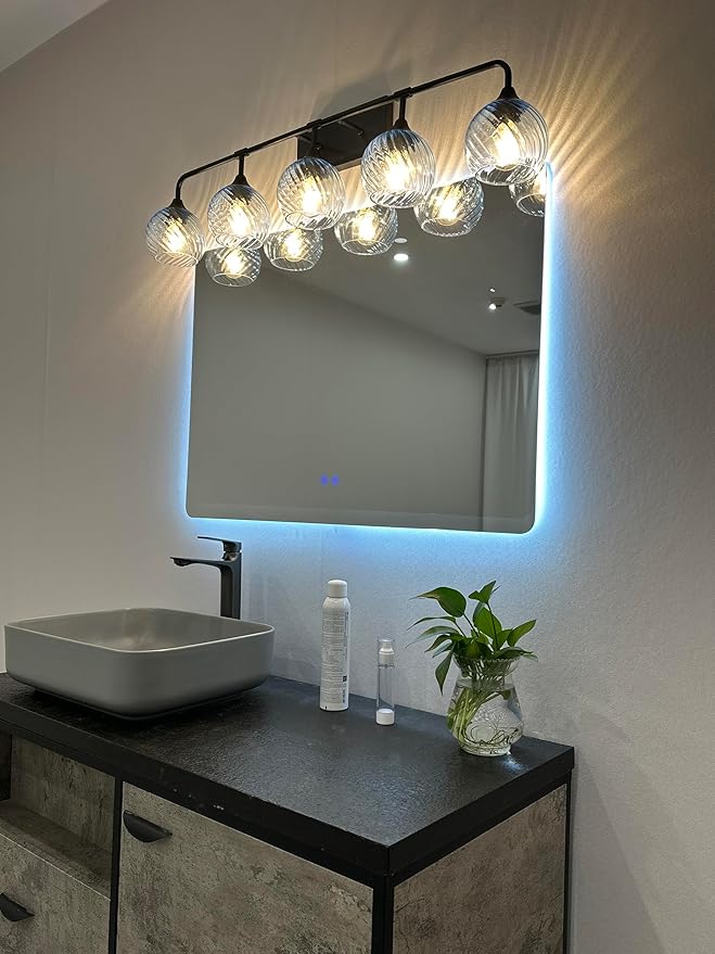 MELUCEE 5-Light Bathroom Light Fixtures 42 Inches, Matte Black Vanity Lights with Blue Striped Swirl Glass Shade, Mid-Century Modern Bathroom Vanity Light Over Mirror