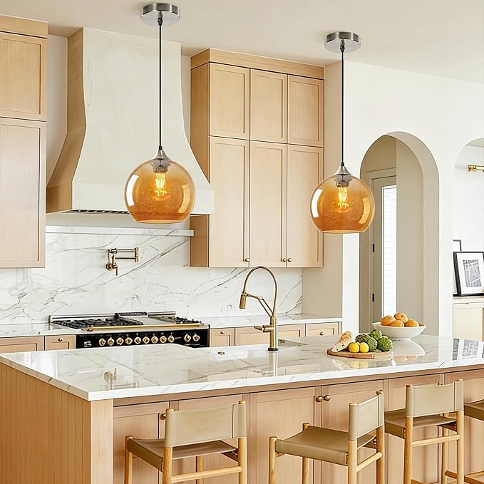 7.1in Medium Amber Glass Pendant Light for Kitchen Island, 2-Pack with Extra LED Bulbs & 4.92ft Adjustable Cord | Modern Minimalist Lighting for Dining Room, Living Room, Entryway