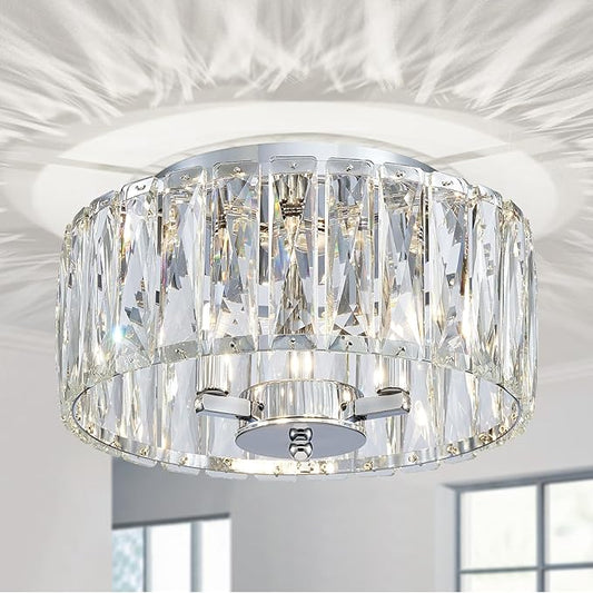 Crystal Ceiling Light, 3-Light Modern Flushmount Ceiling Light for Living Room, Dinning Room Hallway, D12xH9inch, Chrome Finish Frame & K9 Crystal
