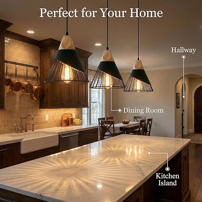 Black Farmhouse Wooden Pendant Light,Rustic Wood & Metal Pendant Lighting, Adjustable Height Hanging Ceiling Light Fixture for Kitchen Island Dining Room Bedroom Hallway