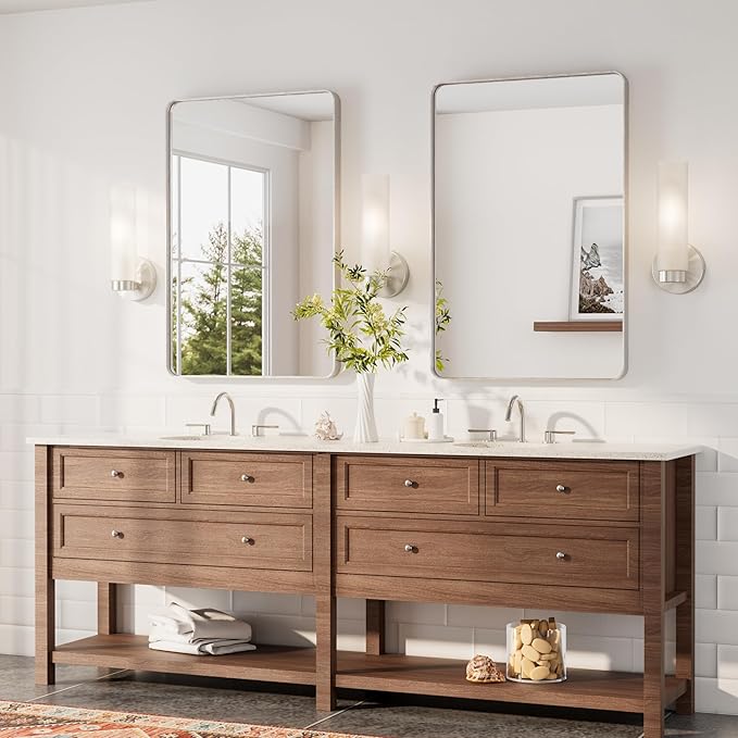 TETOTE Brushed Nickel Wall Sconces Set of Two Modern Bathroom Wall Light Fixtures Farmhouse Wall Lights with Frosted Glass Shade for Mirror Bedroom Living Room