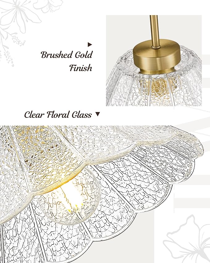 Modern Pendant Light Fixtures, HWH Pendant Lights for Island Dining Room Hallway, Bedroom, Gold Hanging Lighting with Clear Floral Glass, Brushed Gold Finish, 5HJX110MIL BG