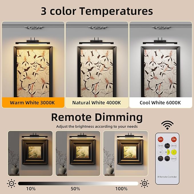 Picture Light,Wireless Rechargeable Gallery Light with Remote,5000mAh Dimmable Painting Art Lighting Battery Operated,16 inch Metal Picture Lights for Art,Paintings,Mirror,Black