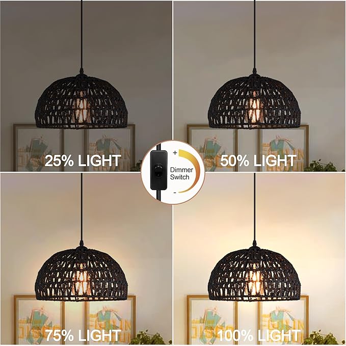 Ayshwill Dec Black Rattan Wicker Pendant Light - 15ft Boho Rattan Chandelier for Dining Room Kitchen Island (Bulb Included)