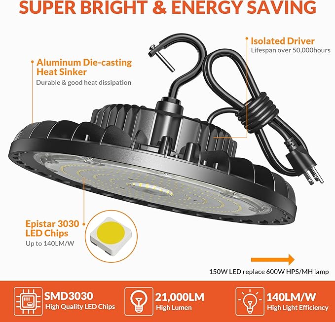 UFO LED High Bay Light 150W 21,000lm 5000K Aluminum LED Shop Lights with US Plug 5’ Cable Waterproof Commercial Bay Lighting Fixture for Warehouse Garage Workshop Factory