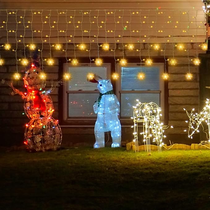 weillsnow Christmas Decorations, 360 LED Icicle Lights with Snowflake, 29.5 FT 72 Drops Icicle Light with 8 Modes，Connectable Warm White String Lights for Outdoor Eaves, Railing, Xmas Decor