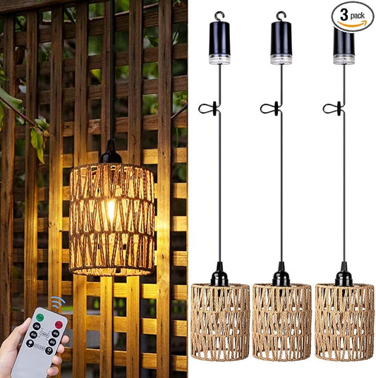 Battery Operated Chandelier, Battery Hanging Pendant Light, Rattan Lights with Warm White Bulb, 4*AA Battery Powered, for Gazebo Pergola Porch Patio Outdoor Indoor Decor (3)