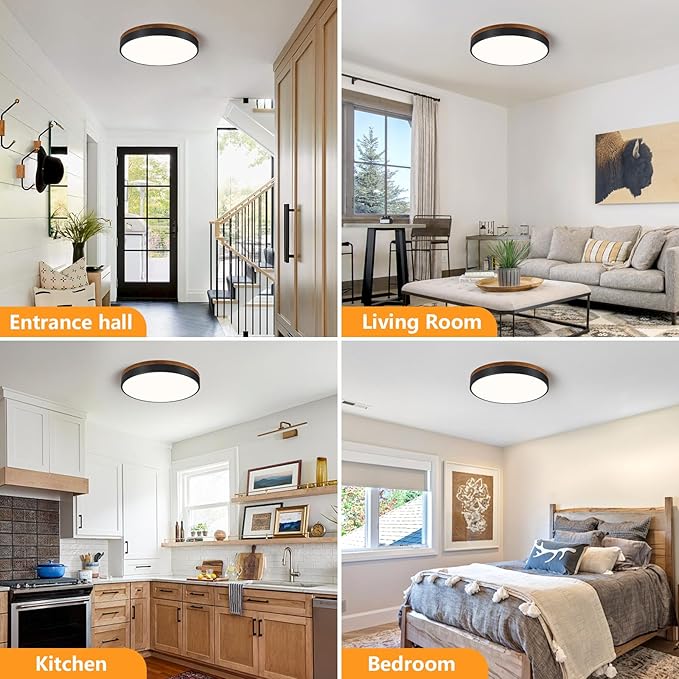 Modern Walnut Wood Black Flush Mount Ceiling Light, 15.75" Round LED Low Profile Close to Ceiling Fixture for Kitchen Bedroom Bathroom Laundry Hallway Entryway Closet Living Room