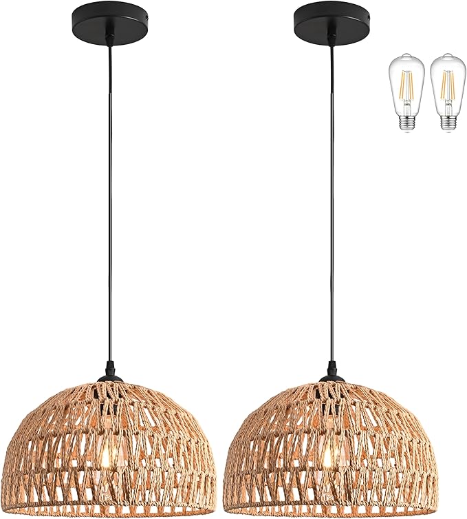 2 Pack Hemp Rope Woven Pendant Light Woven Light Fixture Boho Chandelier Light Fixture Wicker Pendant Lights Rattan Dome Wicker Chandelier for Dining Room Kitchen Island (Bulb Incl.